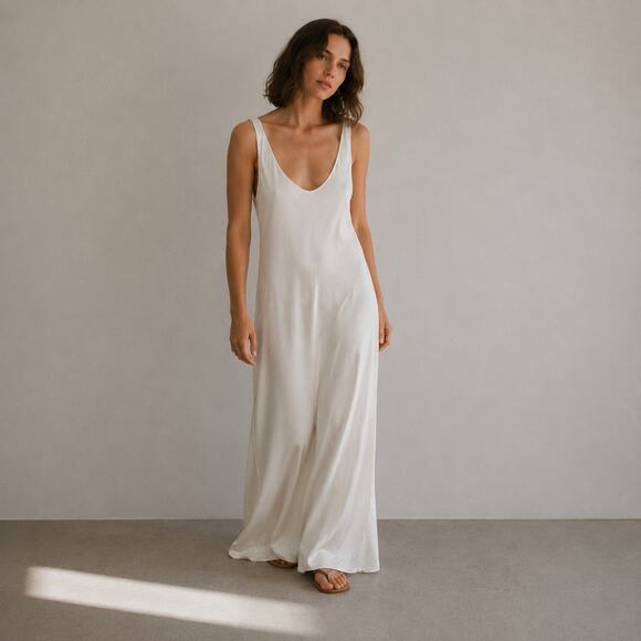Enza Costa Dresses & Skirts - Enza Costa Off-White Satin Slip Maxi Dress Womens 2 Sleeveless Scoop Neck Split
